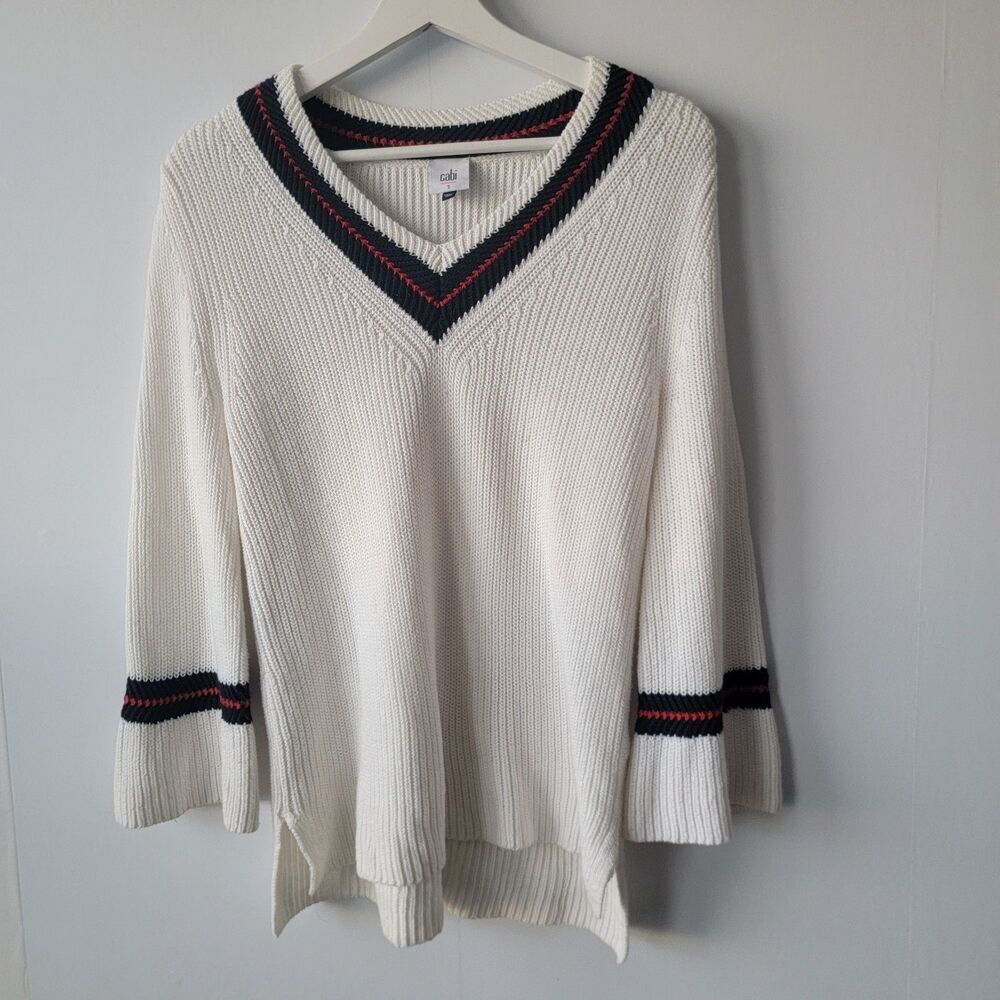 Cabi womens Faye Lace Bell Sleeve V-Neck White Sweater size S‎ ivy league